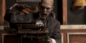 zombie in office using old typewriter