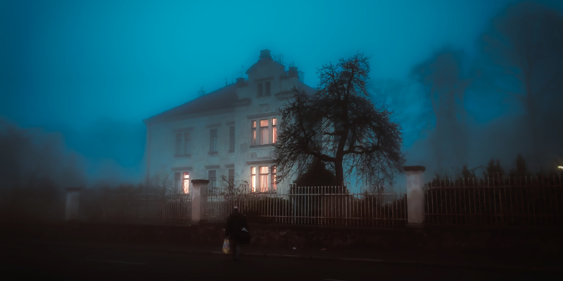 Haunted house with fog