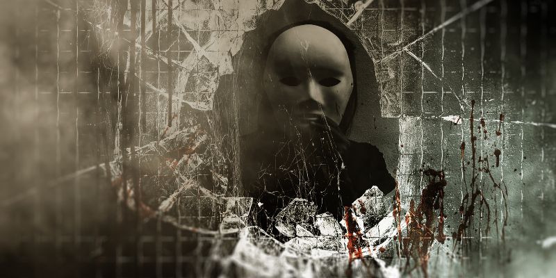 creepy masked figure stares through broken glass covered in blood