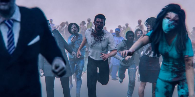 Group of zombies bloodied and running towards the screen