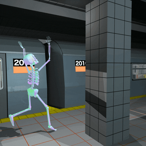 Skeleton running to chase down a train