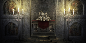 group of skulls sitting in a cauldron in a creepy room