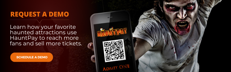 Zombie guy holding phone with QR code ticket and headline reading request a demo