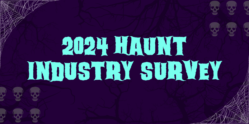 Halloween background with the words 2024 Haunt Industry Survey written in blue